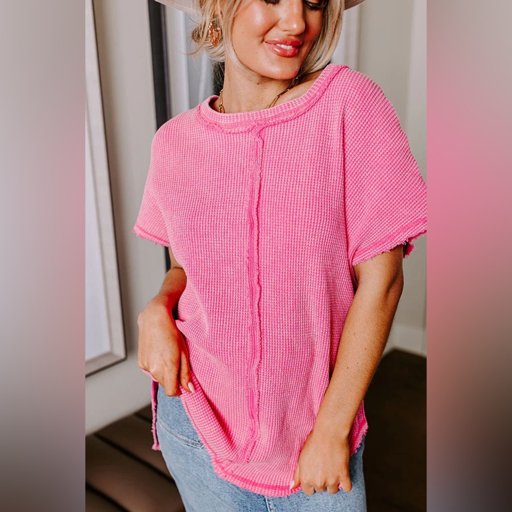 Impressions Hot Pink Waffle Knit Short Sleeve Top